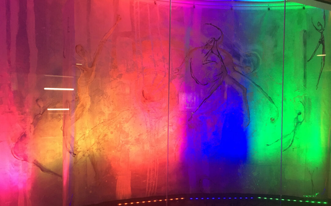 “crossover” installation behind glass in rotunda